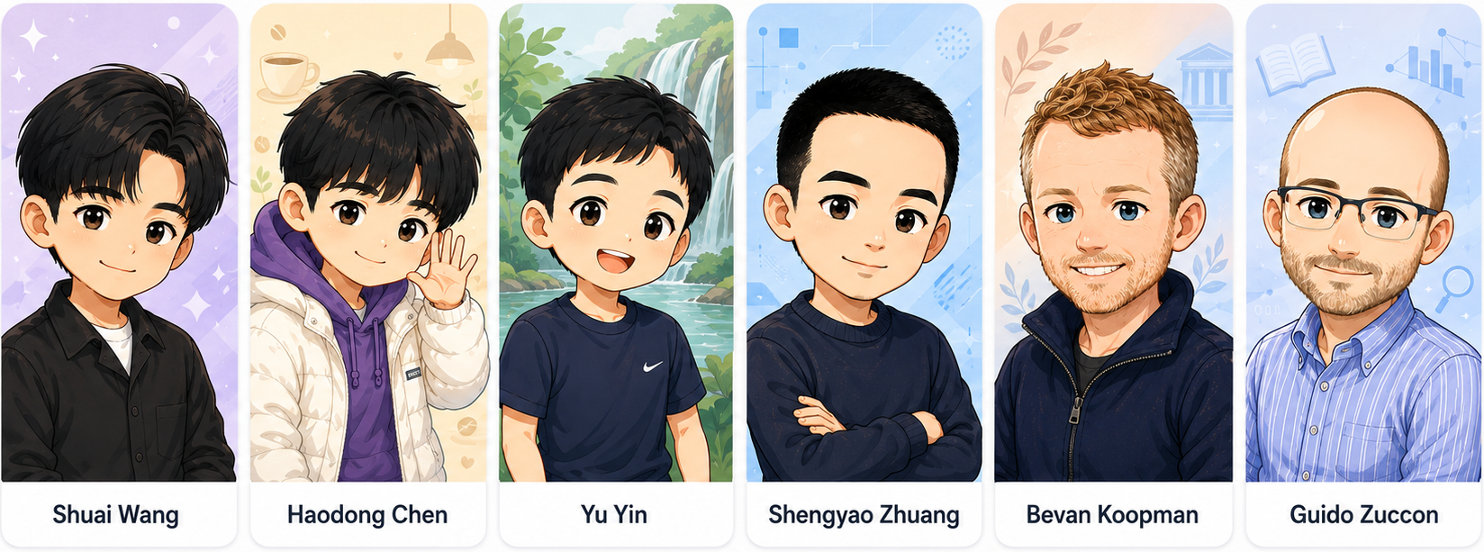 Portraits of the six authors: Shuai Wang, Haodong Chen, Yu Yin, Shengyao Zhuang, Bevan Koopman and Guido Zuccon.